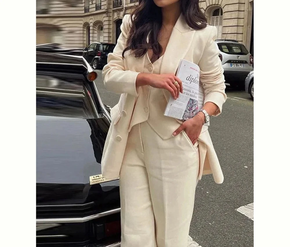 

2025 Autumn New Arrival Beige Women Suit 3 Piece Jacket Pants Vest Single Breasted Female Clothing Formal Office Lady Blazer Set