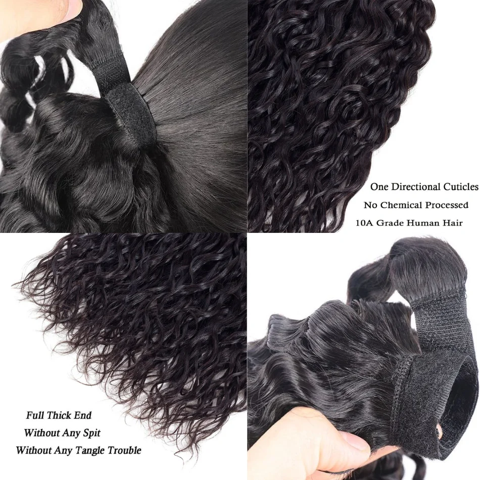 Water Wave Ponytail Human Hair Wrap Around Ponytail Extensions Remy Hair Ponytails Clip in Hair Extensions 28 Inches Natural