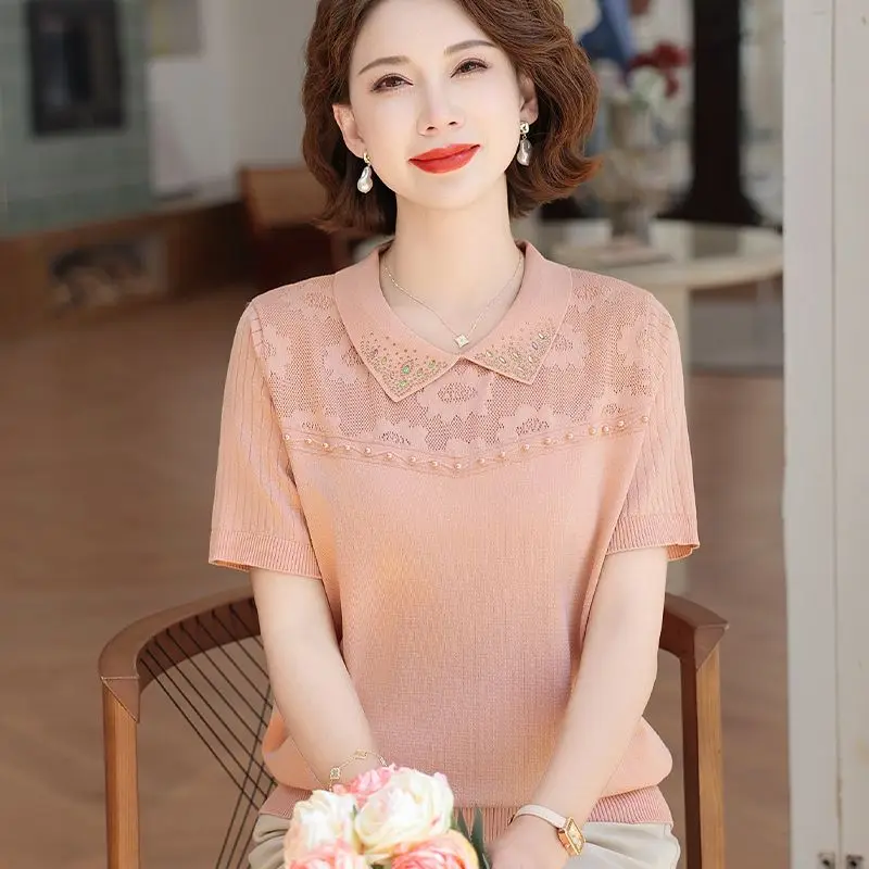 

Вязаный топ с воротником, модная легкая женская футболка с короткими рукавами, новый стиль JJ19