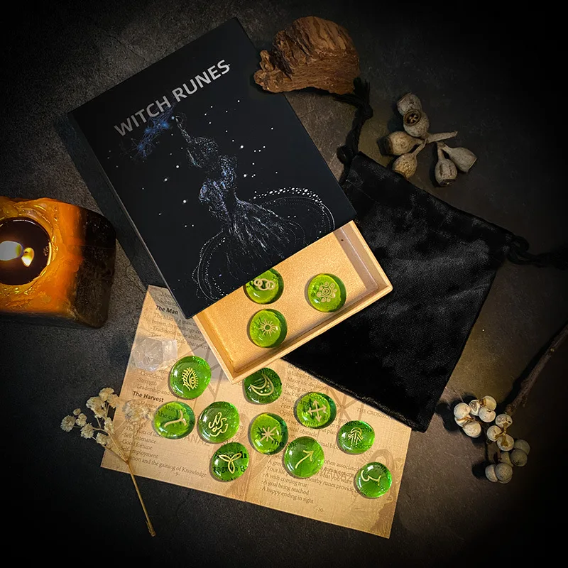 13 Pieces Witch Runes Set, Green Crackle Glass Engraved Rune Stones with Beginner Guide Book, Velvet Storage Pouch Gift Box