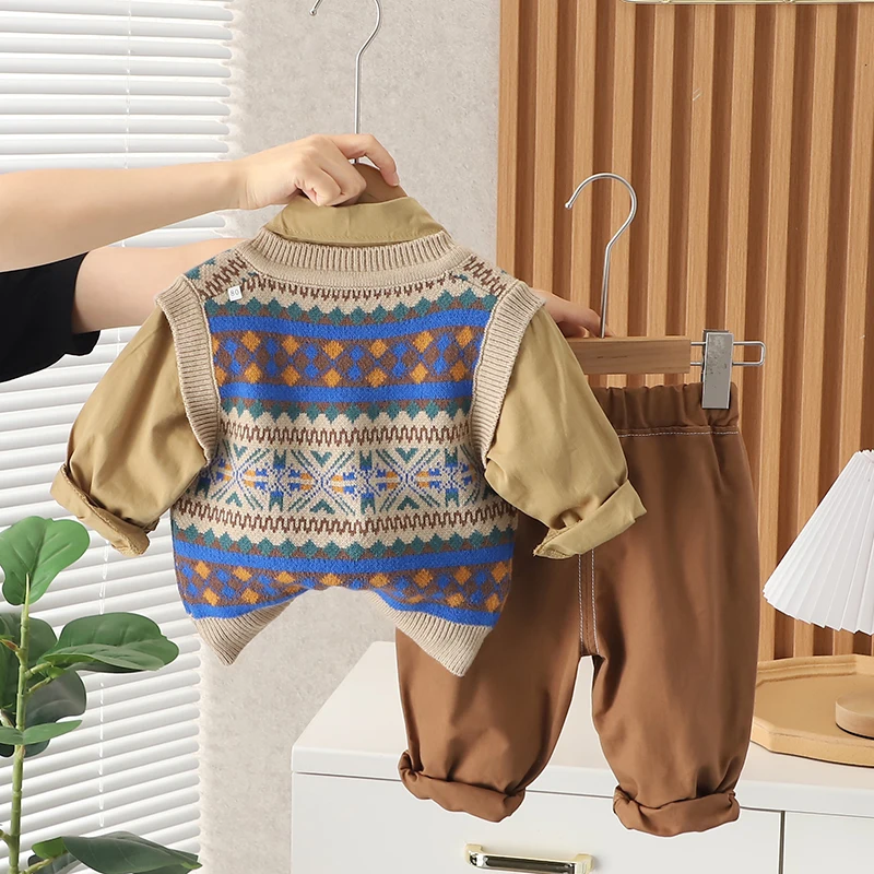 Autumn Children Clothing Sets for Baby Boys Knitted Vest Shirt Pants Infant Clothes Outfits Retro Style Toddler Kids Tracksuit