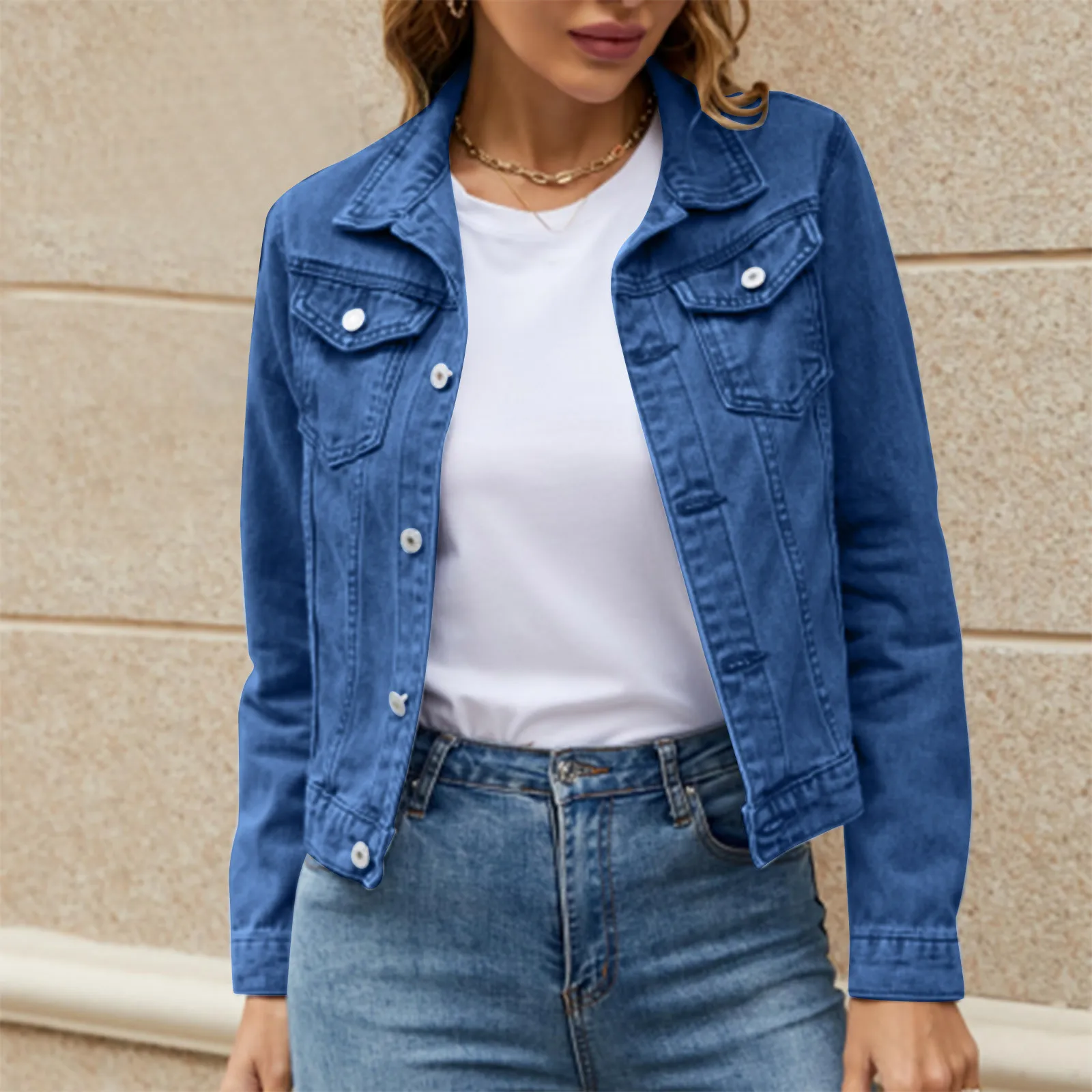 

Basic Solid Color Button Down Denim Coat For Women Long Sleeve With Pockets Denim Jacket Coat Female Turndown Collar Blouse Tops