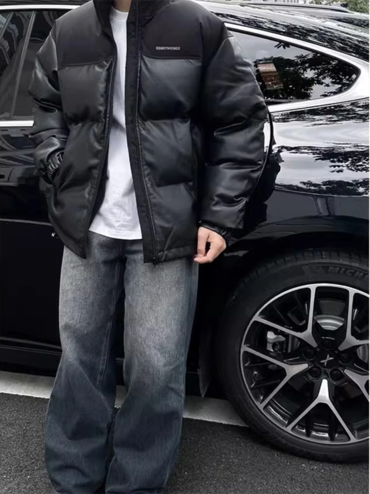 

Утепленная мужская зимняя куртка из искусственной кожи с хлопковым наполнителем, воротником-стойкой, теплая верхняя одежда, модный брендовый пуховик