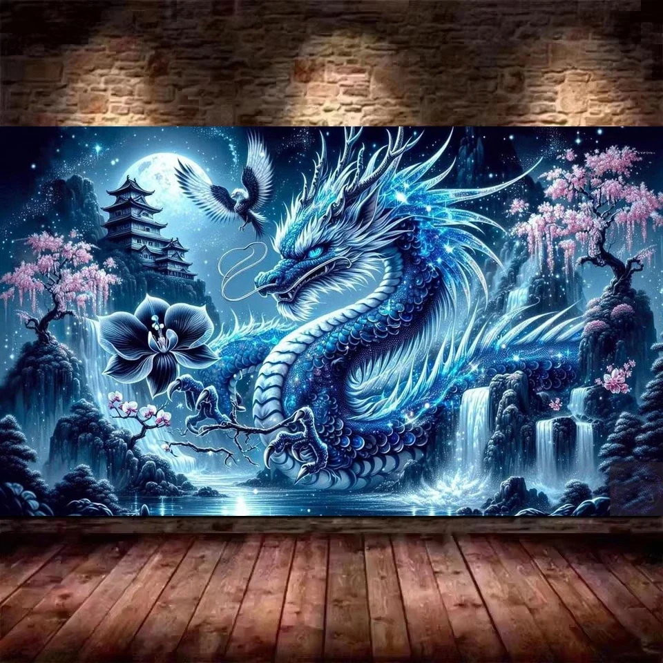 

Waterfall Landscape Pink Flowers,5D Diamond Painting Kit DIY Dragon Psychedelic Animal Art Full Diamond Art Mosaic Home Decor