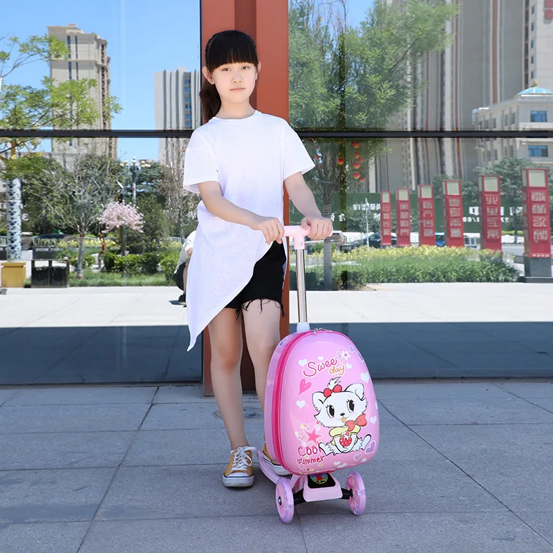 Kid'S Luggage Children'S Scooter Travel Suitcase 16 Cartoon Luggage Scooter Foldable For Boys And Girls Backpack With Wheels