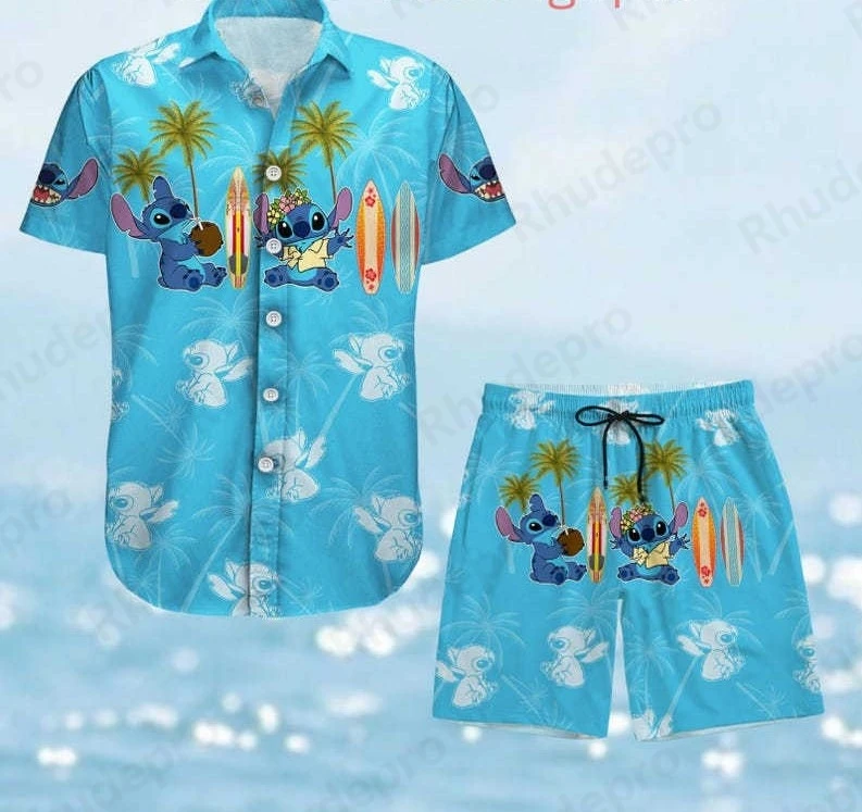 

Disney Stitch Men Women Button Shirt Set Stitch Summer Short Lucky Irish Hawaiian Beach Casual Shirt And Shorts Set
