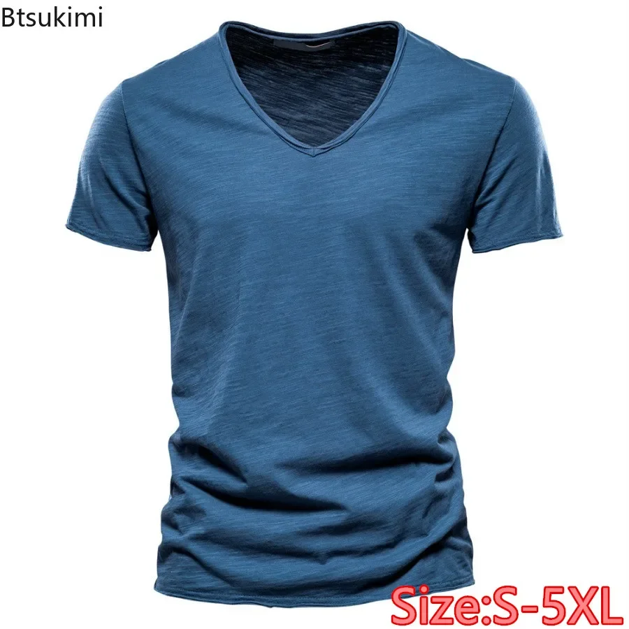 

2025 Men's Casual Short Sleeve T-Shirt Solid V-neck Slim Tops Men Summer Classic 100% Cotton Short Sleeve Tees for Men Shirts