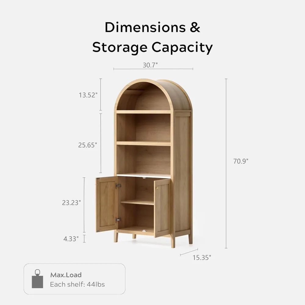 Arched Cabinet, 5-Tier Arched Bookcase Storage Display Cabinet with Faux Marble Top, Modern Farmhouse Kitchen Pantry Cabinet