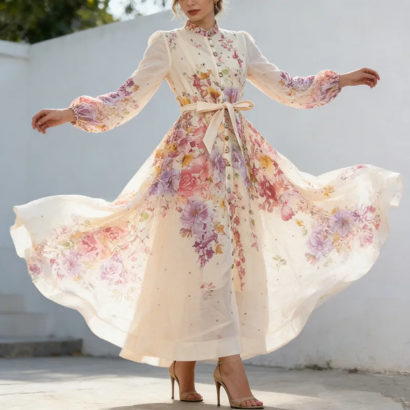 2026 Australian Holiday Sle Langer Rock Dr mit großem Volant und Knopfdekoration, Urlaubsmuster, Damen Dr