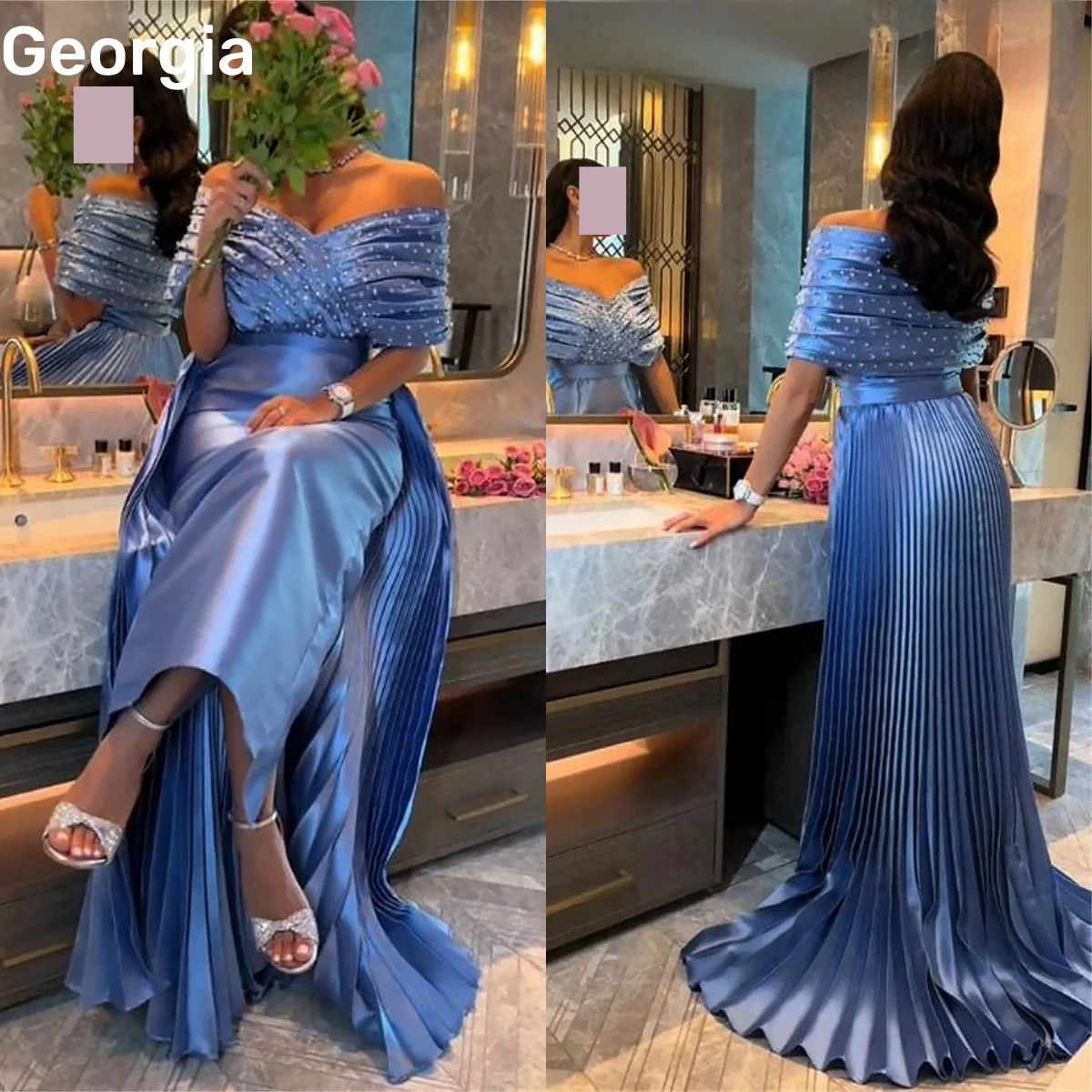 イブニングドレス カスタマイズ ブルーコラム オフショルダー フロアレングス エレガントでかわいい女性用ドレス ジッパーアップ ビーズ付き カクテルドレス