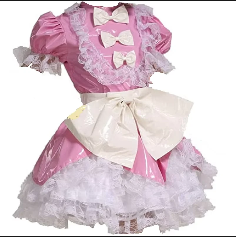 

New Hot Selling Lockable Lady Pink PVC Lace Lace Lace Bow Bubble Sleeve Maid French Uniform Party Dress Custom