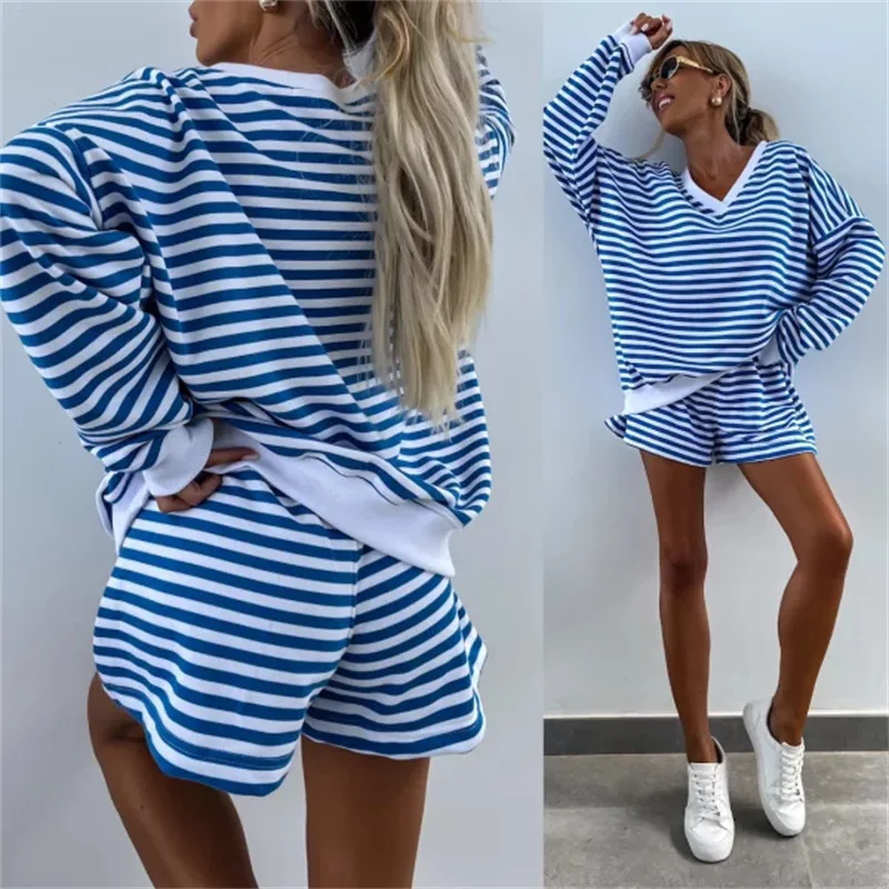 Sommer Neue frauen Casual Gestreiften Anzug Lange ärmeln V-ausschnitt Lose Top Sport Shorts 2-stück Anzug Weibliche