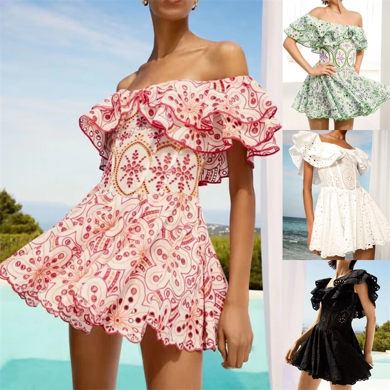 

New Fresh And Sweet One Shoulder Dress With Lotus Leaf Embroidery And Lace Cut Out Waist to Show Slim Holiday Style Dress Short