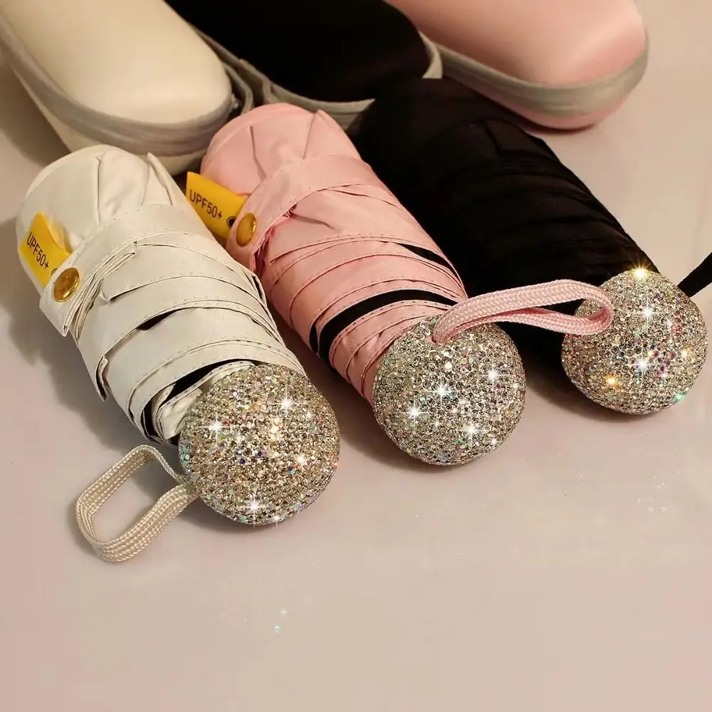 Luxury Shiny Folding Umbrella Luxury Rhinestone Handle Mini Bling Umbrella Compact Lightweight Sunshade Umbrella Sunny Weather