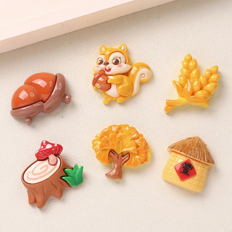 10/100PCS Autumn Harvest Series Squirrel Stump Wheat Cone DIY Resin Craft Accessories Scrapbooking Handmade Hairpin Phone Case