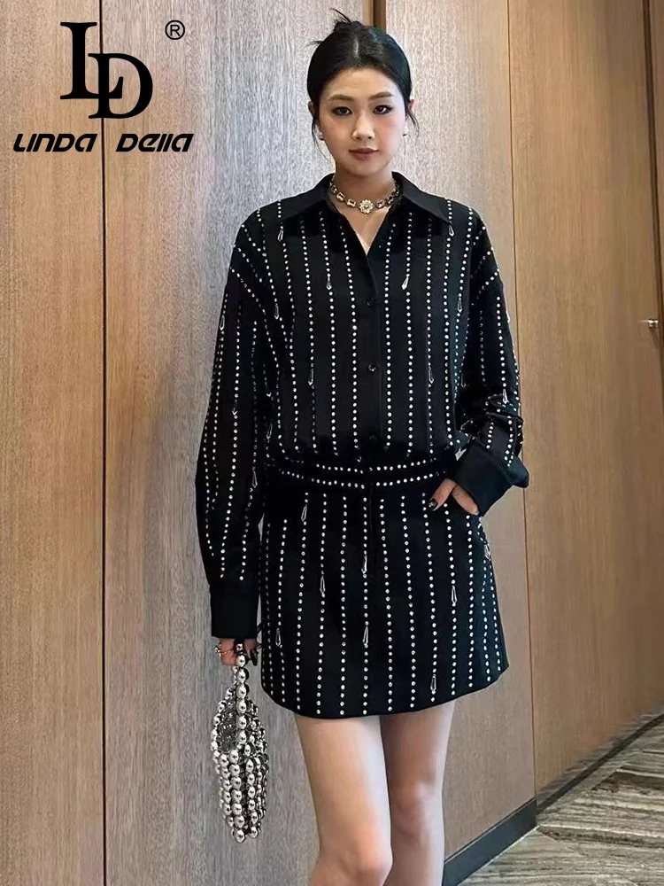 LD LINDA DELL Little black dress shirt with lapel, long sleeved, rhinestone studded, commuting casual fashion dress