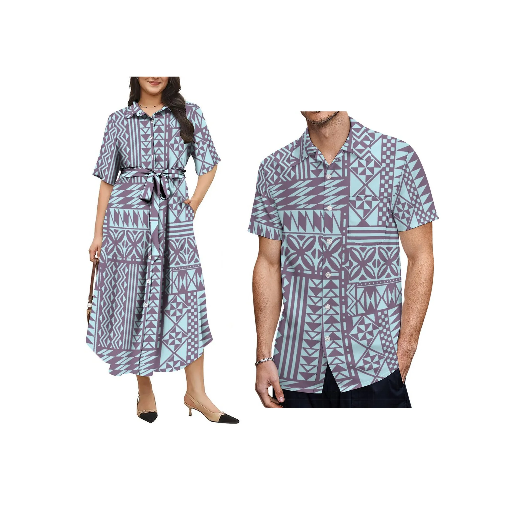 Neue benutzerdefinierte Frauen Lace Up Button Shirts Taschenkleid passendes samoanisches polyenisches Design Big People Aloha Männer Kurzarmshirt