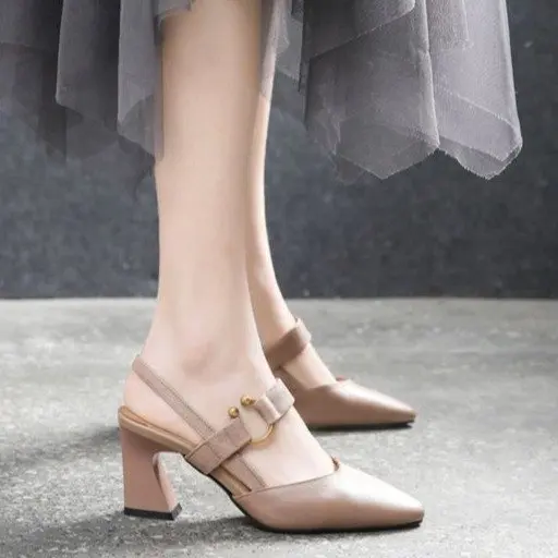 

Leather Block Heel Summer 20245High Heels Pointed ToeLadies Shoes Buckles Footwear Sandals for Women Korea Luxury Shoe