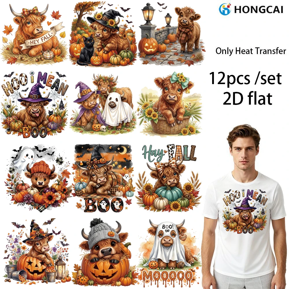 6Pcs Hey Fall Highland Cattle Heat Transfer Stickers, Wash-Resistant, for Garment Repair & Daily Wear