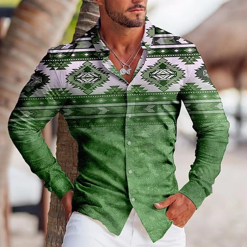 Men's retro patterned autumn shirts casual men's long sleeved shirt outdoor personality men's tops street loose men's clothing