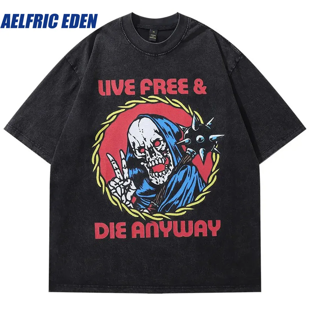 

Aelfric Eden Funny Oversized Tshirt Vintage Skull Graphic Print Washed T-Shirt Hip Hop Punk Gothic Loose Shirts Harajuku Tee Top