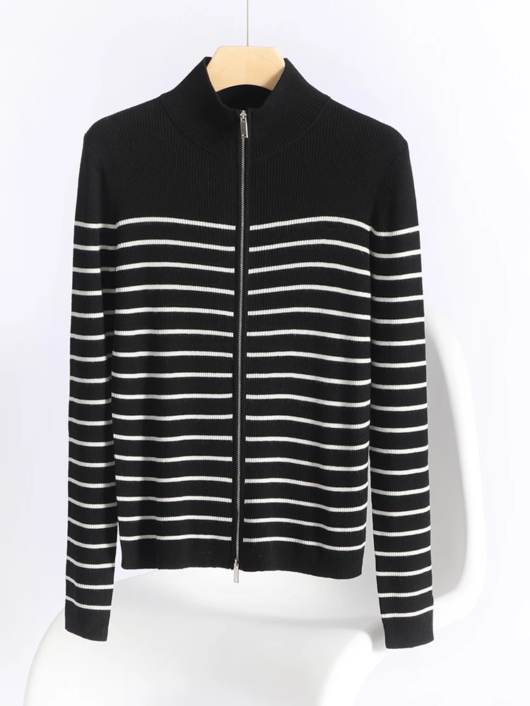 

Women Fine Wool Slimming Cardigan Mock Neck Zipper Sweater Spring Autumn Winter Strip Grace Clothing 100% Merino Wool Knitwear