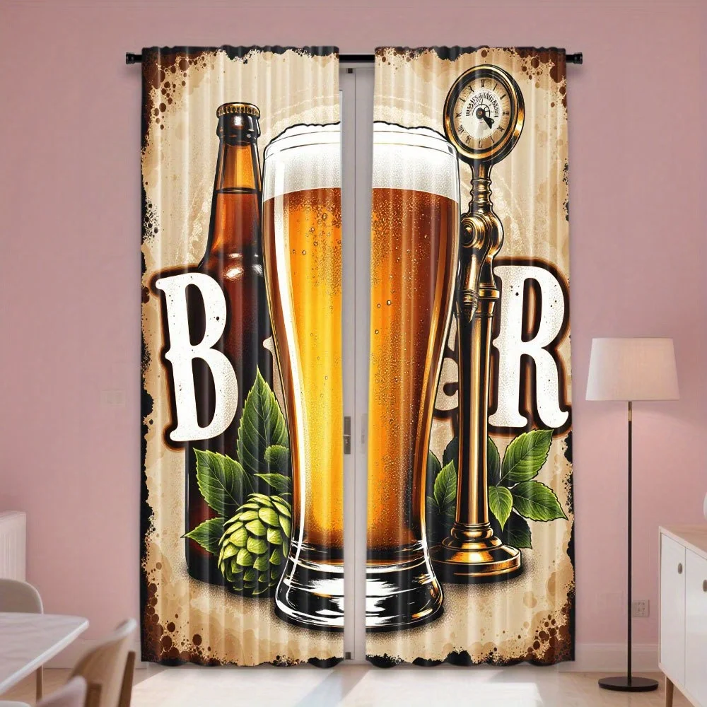 Vintage Beer Bar Blackout Curtains - Bottle Glass Hops Graphic Window Drapes for Pub Game Room Kitchen Decor
