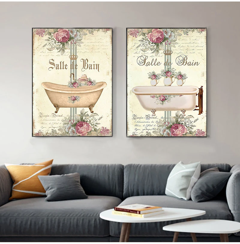 French Bathroom Decoration Paintings Print Vintage Posters Salle de Bain Le Bain Chalkboard Shabby Fine Wall Art Canvas Pictures