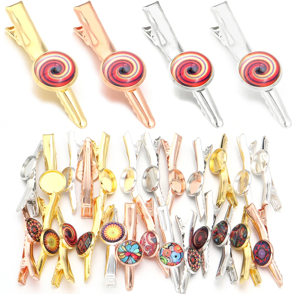 10pcs Iron Sharp Nose Clip Base Setting Blank Hairpin Tray 10pcs Random Pattern Cabochon Beads DIY Jewelry Accessories Wholesale