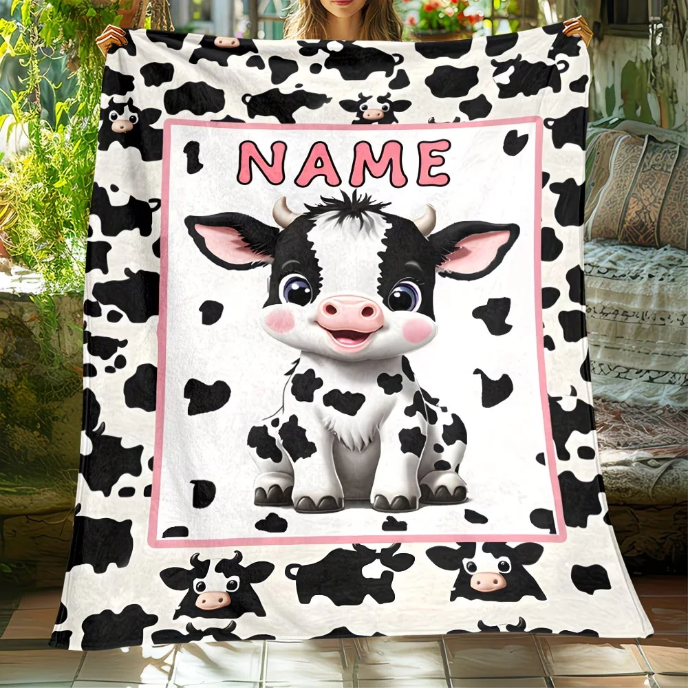 Personalized and customizable name/text cute cartoon cow pattern blanket, lightweight and warm, suitable for home, travel, campi