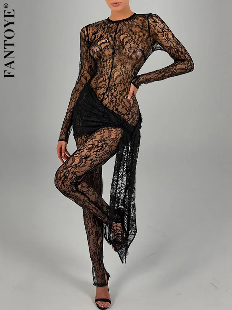 

Fantoye Sexy See Through Lace Bandage Women Jumpsuit Black Long Sleeve Round Neck Ruched Jumpsuit Autumn New Skinny Streetwear