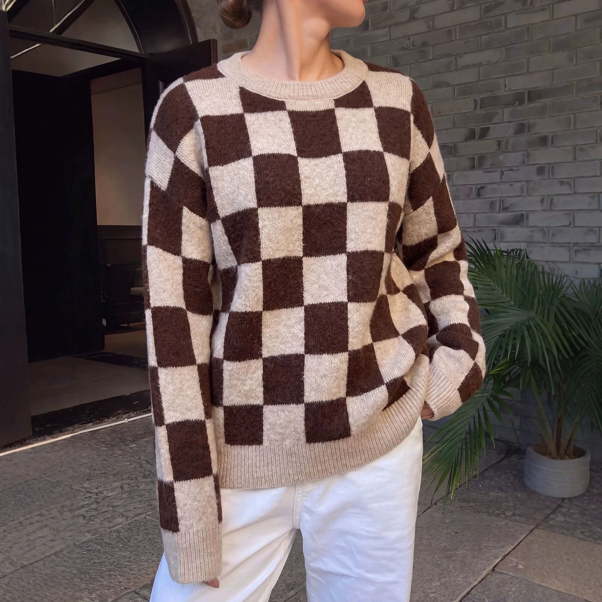 Color Matching Checkerboard Crew Neck Sweater Women's Loose Shoulder Long Sleeves Autumn and Winter Thickened Knitted