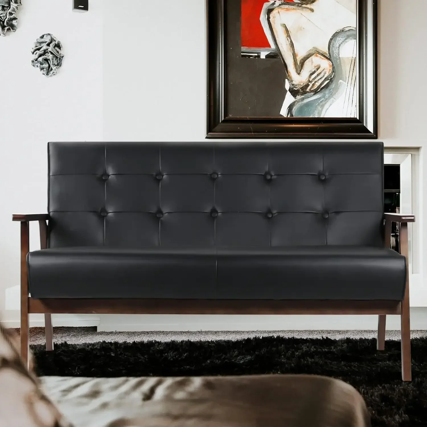 Modern Wooden Leather 2-Seat Sofa, Sleek Minimalist Loveseat, Sturdy and Long-Lasting Loveseat Sofa Couch(Black)