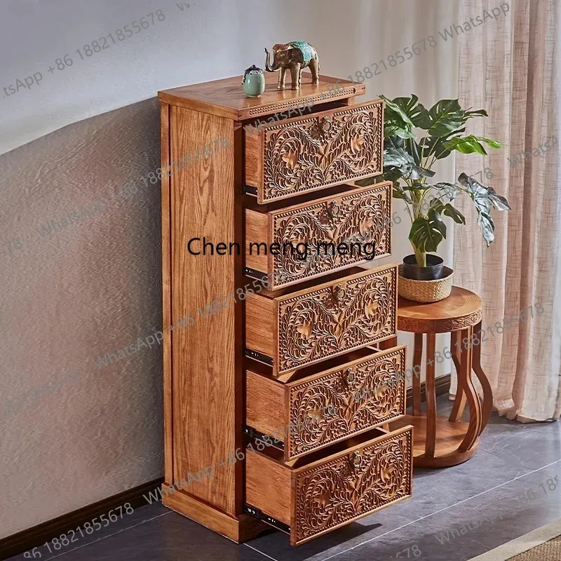M78   Thai  solid wood carved vintage chest of drawers living room storage cabinet Southeast Asian style furniture vertical ca