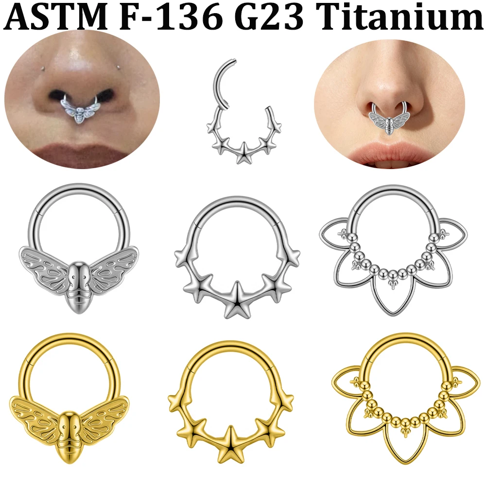 5-1PCs Punk G23 Implant Titanium Death Butterfly Star Lotus Ball Cluster Nose Septum Daith Hinged Click Tragus Rook Earring