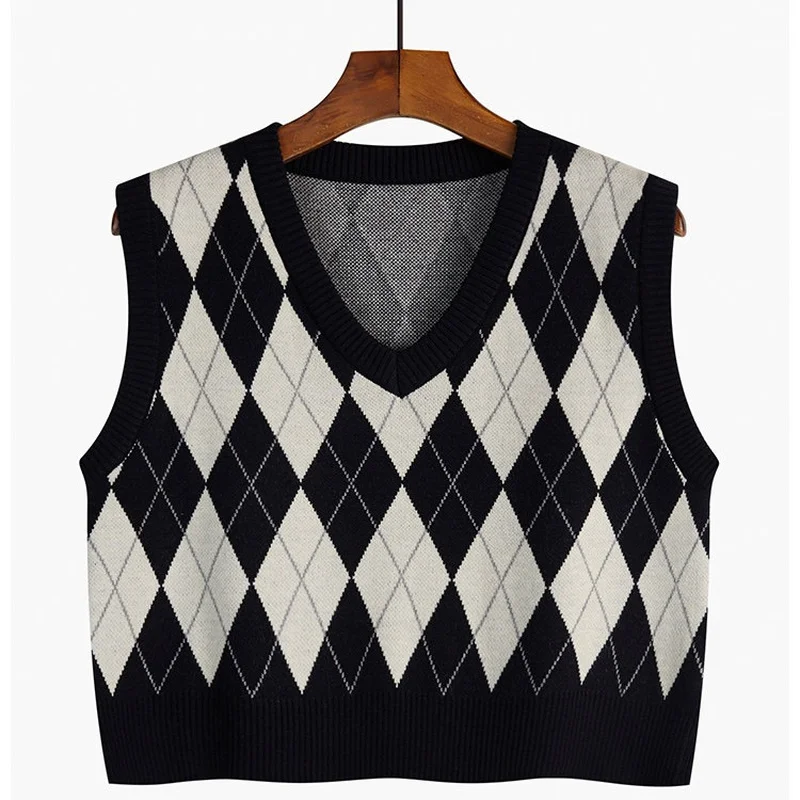 Autumn Fashion Female Vintage Plaid Sweater Vests Women\'s Tank Tops Knitted Crop Top Women Sleeveless Knitted Vest Waistcoat