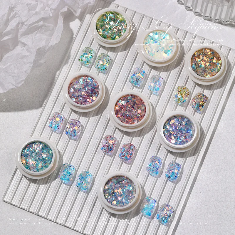 

Ins Style Fairy Eye Nail Art Sequins New Gradient Glitter Powder Size Mixed Phototherapy Crystal Extension DIY Nail Accessories