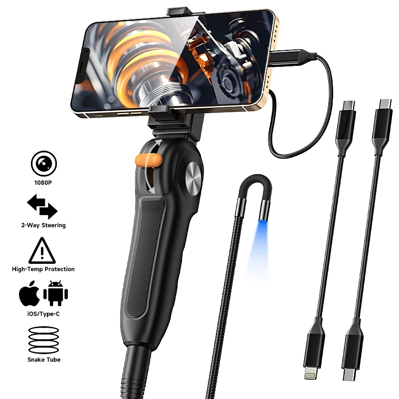 TYPE-C 2-Way Articulating Endoscope Joystick Slide Rod 360° 180° Steering Camera Car Inspection Borescope For Android/iOS Phone