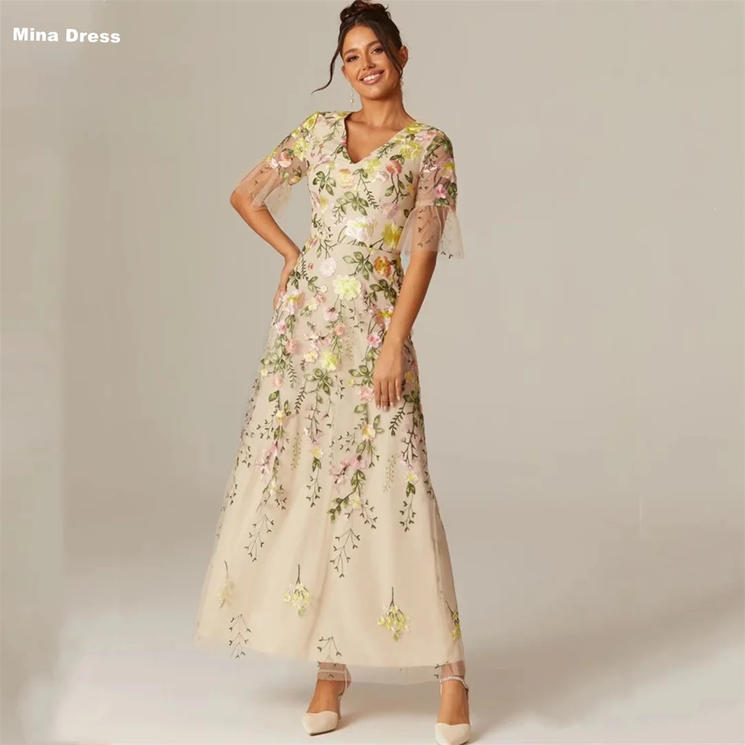 

Mina Customized Nude Apricot V-neck Flower Short-sleeved A-line Women's Formal Evening Gowns Elegant Party Dresses 2026 Rochi