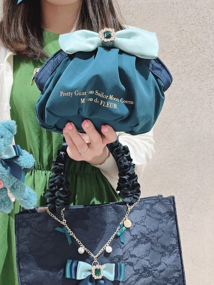 Bolsas de cosméticos de estilo japonés para mujer y niña, Mini bolsos de mano portátiles con lazo de diamantes de imitación, bolso de bola de masa