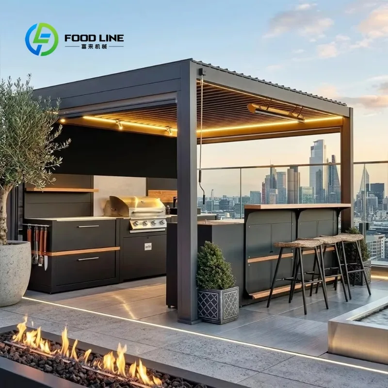 Customized Luxury Outdoor Kitchen System with Aluminium Gazebo Outdoor Kitchen BBQ Island with Grill Cooktop Sink Fridge