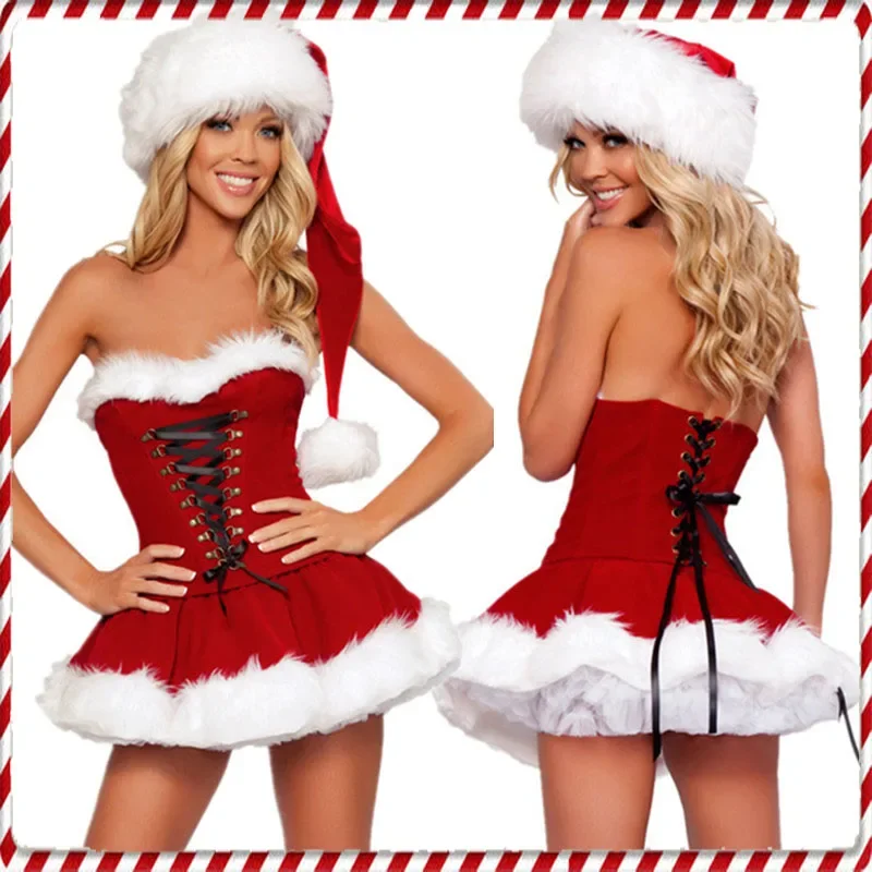 Women Christmas costumes Xmas party sexy red velvet dress cosplay Santa Claus costume S-XL