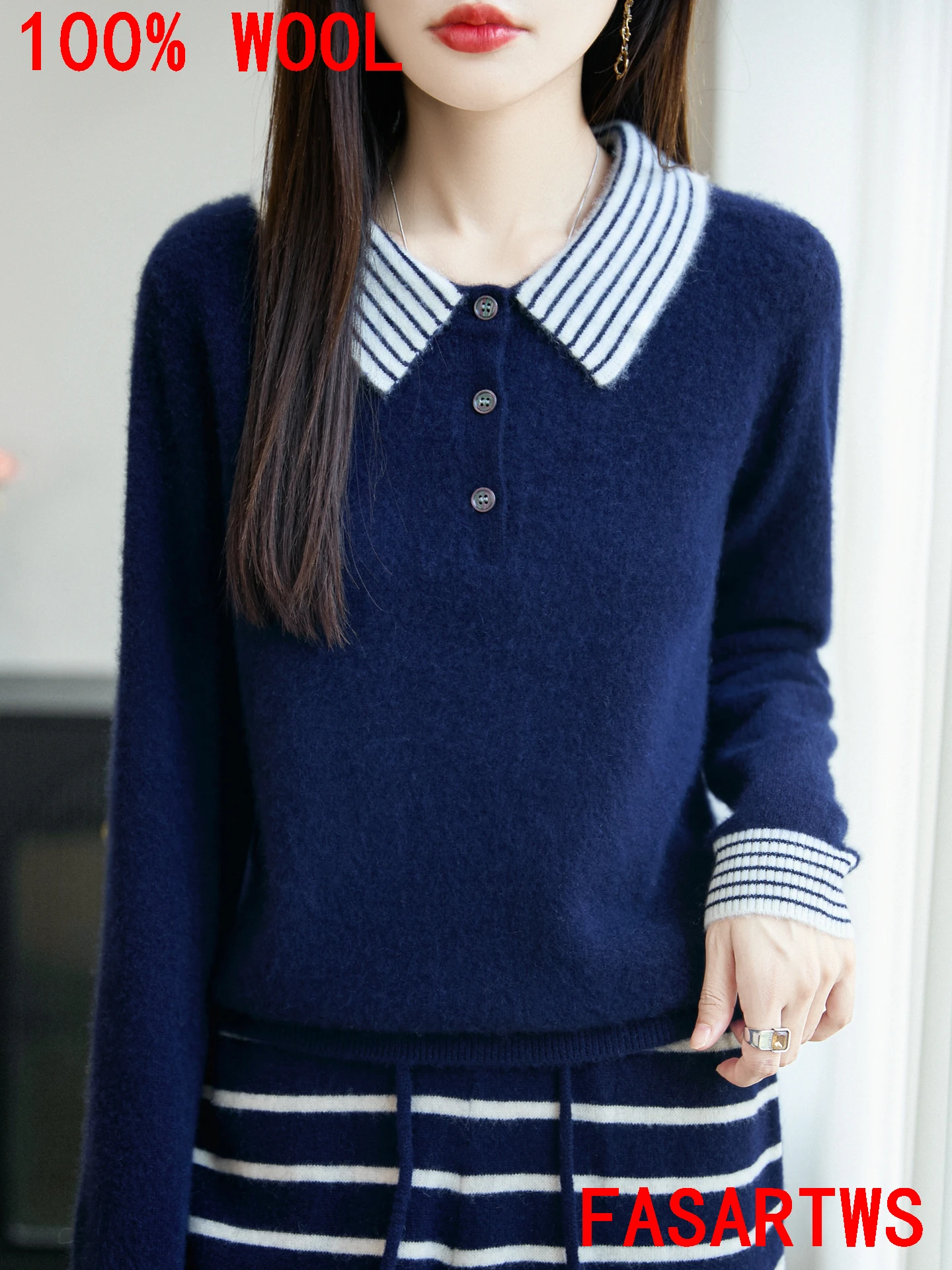 

Новый осенне-зимний женский свитер из 100% австралийской шерсти, полосатый вязаный модный кашемировый свитер с лацканами, модные пальто