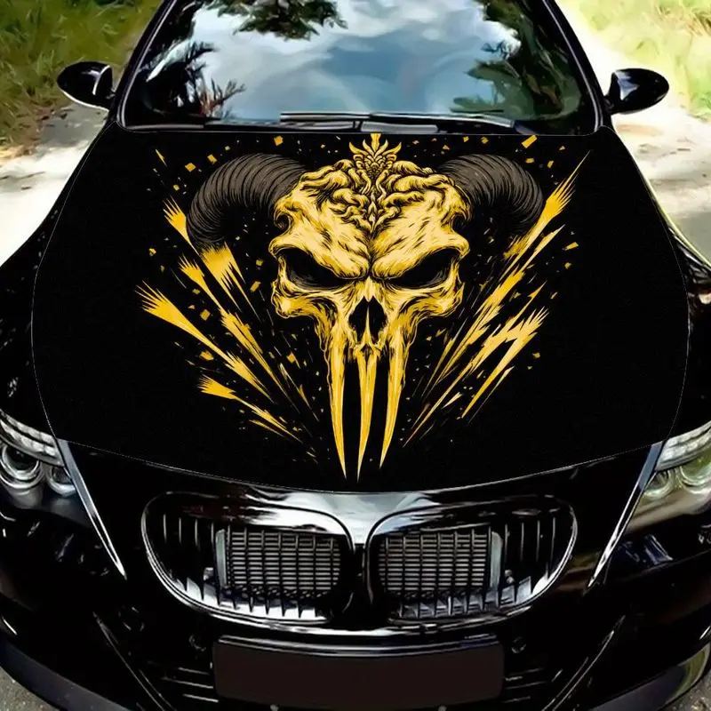 

Decorative gold skull with ram angle and energy explosion pattern for car hood, gothic dark design hood sticker for trucks,