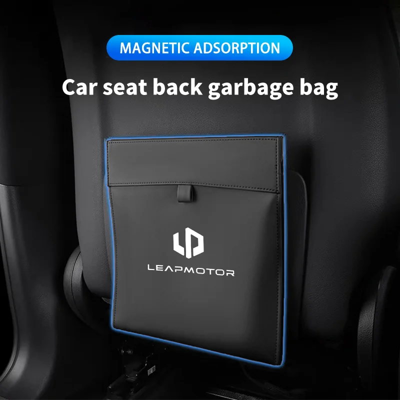Car Garbage Bag Magnetic Adsorption Trash Can PU Leather Seat Back Hanging Storage Bag for Leapmotor T03 S01 C11 C10 Leap Motor