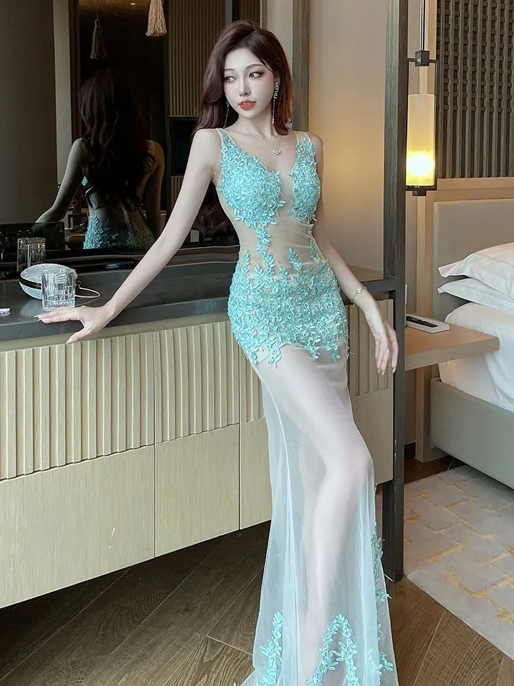 Order flower No. 77 sexy mesh printed performance costume double shoulder long evening dress new style