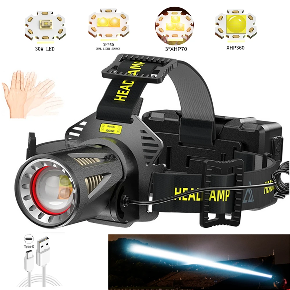 Sensor Headlamp Rechargeable XHP360 Bright Head Lamps Long-Shot Outdoor Led Headlight Camping Hiking Emergency Power Bank