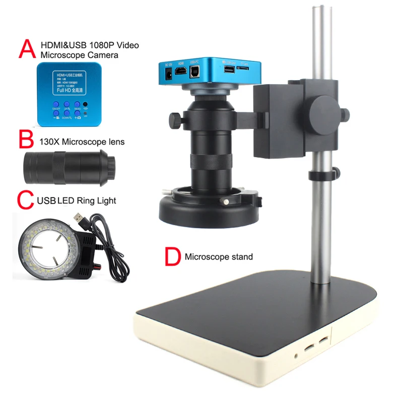 

Full HD 1080P HDMI USB Video Digital Microscope Camera Kit Monocular 130X C Mount Lens LED Light For Phone Soldering Tools