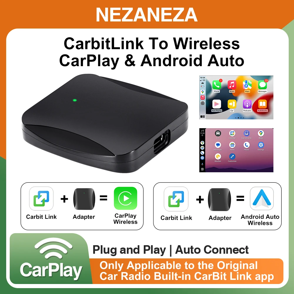 

Wireless CarPlay AI Box for OEM CarbitLink to Wireless CarPlay Android Auto Bluetooth WiFi Universal Plug and Play Android