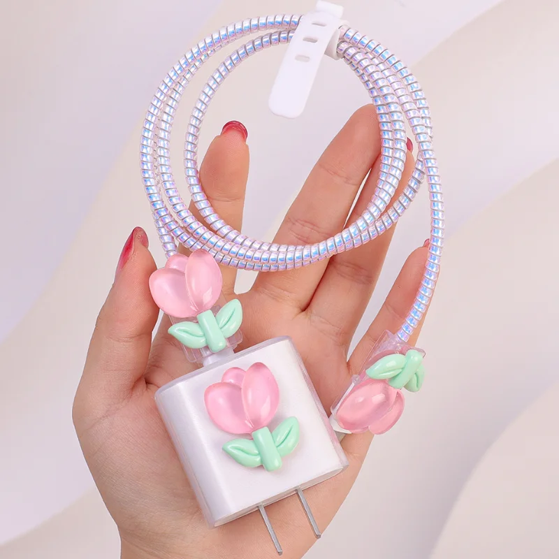 For Apple 18W 20W Charger Protective Cover Cute 3D Pink Tulip Flower Case for iPhone 14 13 Pro Max Data Cable Head Protector